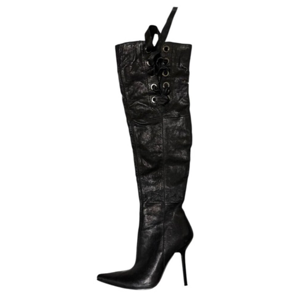 Z London Leather Over The Knee Tall Boots Zip Lace Up Stiletto Heels Black 36